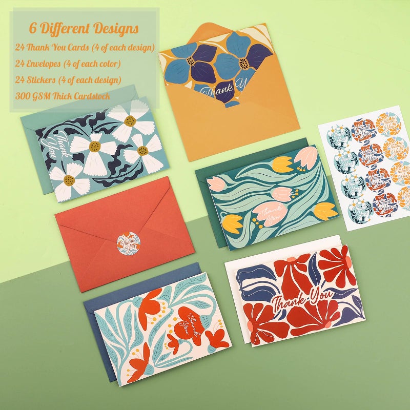 Thboxes 24 Pack Thank You Cards with Envelopes, 4x6 Inch Thank You Cards Bulk with Envelopes & Stickers, Greeting Card for Birthday, Wedding, Baby Shower, Graduation, Thanksgiving, Christmas, New Year - Image 3